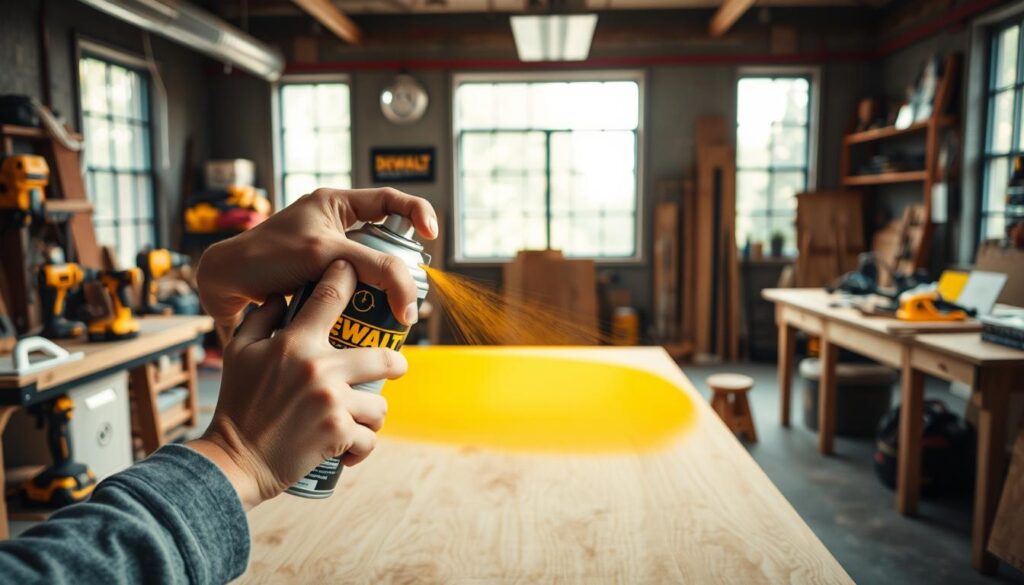 A well-lit DIY workshop scene, focused on the application of DEWALT's signature yellow spray paint. In the foreground, a hand wielding a spray can applies an even coat to a wooden surface, creating a smooth, glossy finish. The mid-ground showcases various DEWALT power tools and DIY accessories, hinting at the versatility of the paint. The background features a clean, organized workspace with ample natural light filtering in through large windows, conveying a sense of productivity and craftsmanship. The overall atmosphere is one of precision, durability, and a professional-grade DIY experience.