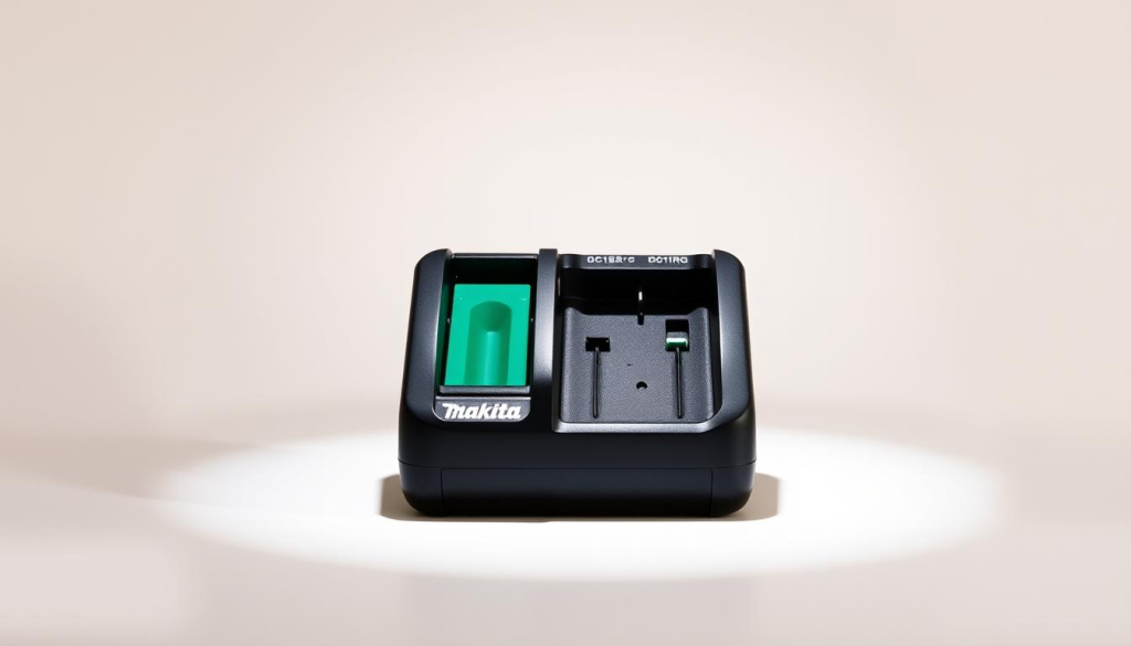 A well-lit Makita DC18RC cordless battery charger set against a clean, minimalist background. The charger is positioned prominently in the center, its sleek, green-and-black design gleaming under soft, diffused lighting. The background is a neutral, off-white color, allowing the charger to take center stage. The lighting creates subtle shadows and highlights, emphasizing the charger's form and features. The overall atmosphere is one of simplicity, functionality, and technical precision, reflecting the FAQs section of the article on this efficient charging solution.