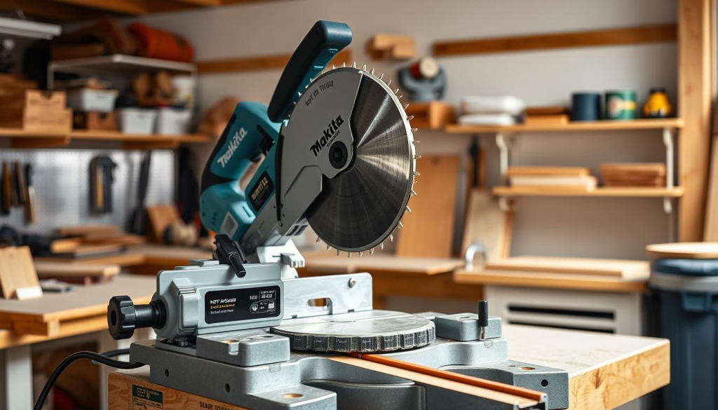 A well-lit Makita chop saw setup on a sturdy workbench, with the saw positioned in the foreground. The saw's blade is raised, revealing its precise, brushed-metal construction. The middle ground shows the saw's adjustment knobs and safety features, while the background features a clean, uncluttered workshop environment with shelves of tools and materials. The lighting creates a warm, professional atmosphere, highlighting the saw's modern, industrial design. The entire scene conveys a sense of functionality, control, and attention to detail for the DIY enthusiast or professional woodworker.