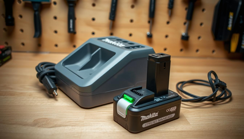 A well-lit Makita power tool charger resting on a clean, wooden workbench. The charger's sleek, grey casing is meticulously maintained, with no visible scratches or dust. The power cord is neatly coiled and the charging ports are clear of debris. In the foreground, a Makita battery pack is securely docked, its green LED indicator signaling a successful charge. The background features a pegboard with various Makita tool attachments, conveying a sense of a well-organized, professional workshop. Soft, directional lighting casts subtle shadows, highlighting the charger's form and the careful attention to detail in its upkeep.