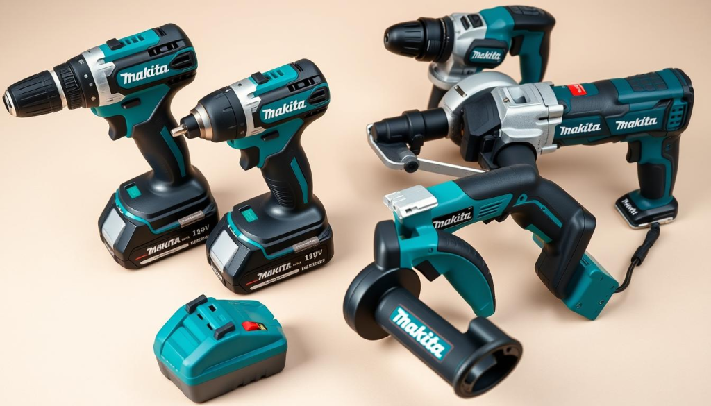 A well-lit and detailed close-up image of an assortment of top-quality Makita 18V power tools, including a cordless drill, impact driver, angle grinder, and reciprocating saw, neatly arranged on a clean, neutral-toned background. The tools should have a sleek, modern design with the iconic Makita branding prominently displayed. The lighting should be soft and even, highlighting the high-quality materials and precise engineering of the tools. The overall composition should convey a sense of professional-grade reliability and versatility, suitable for a home or workshop environment.