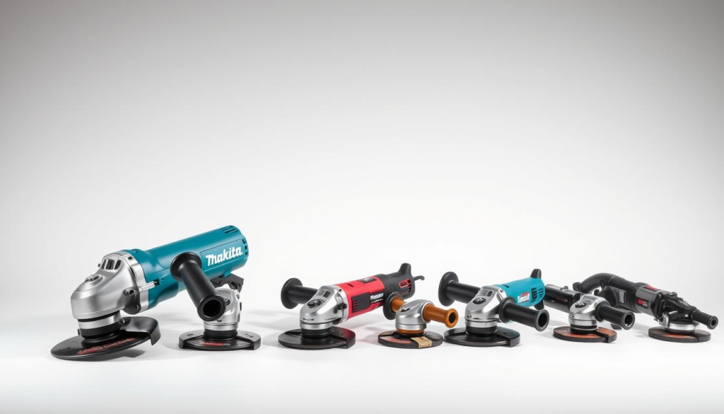 A well-lit and detailed comparison of angle grinders, showcasing a range of models from various manufacturers. The foreground features the Makita 7" angle grinder, its sleek body and powerful motor highlighted against a neutral background. In the middle ground, an assortment of other angle grinders, each with distinct designs and features, are arranged for easy side-by-side evaluation. The background provides a clean, minimalist setting, allowing the tools to be the focal point. The lighting is crisp and evenly distributed, creating sharp shadows that accentuate the grinders' forms and textures. The overall composition is balanced and professional, inviting the viewer to closely examine and compare the different models.
