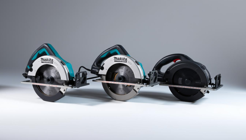 A well-lit and detailed comparison of three Makita corded circular saws, showcasing their key features and design elements. The saws are presented in the foreground, with a clean, minimalist background that allows the tools to stand out. The lighting is soft and diffused, highlighting the distinct textures and finishes of the saws. The angle captures the saws from a slightly elevated perspective, providing a clear view of their controls, blade guards, and other functional components. The overall mood is one of professional, informative presentation, inviting the viewer to closely examine and compare the qualities of these Makita power tools.