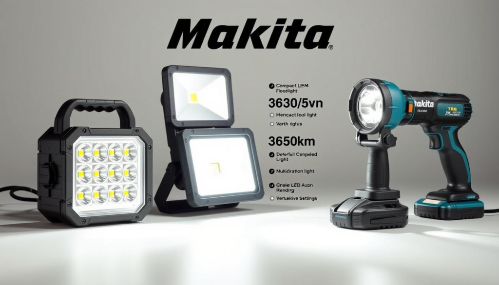 A well-lit and detailed comparison of three Makita work lights, showcasing their distinct features and capabilities. The foreground displays the three lights - a compact LED light, a powerful floodlight, and a versatile multi-directional light - arranged in a visually appealing composition. The middle ground highlights the technical specifications of each model, such as lumen output, battery life, and adjustable settings. The background subtly suggests the diverse work environments where these lights could be utilized, from construction sites to workshops. Crisp, high-resolution rendering with accurate textures, shadows, and reflections creates a professional, informative, and visually engaging image to support the article's "Selecting the Right Makita Work Light" section.