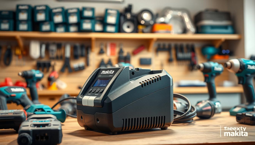 A well-lit and detailed image of a Makita battery charger in a contemporary workshop setting. The charger is placed on a workbench, surrounded by various Makita power tools. The charger's control panel is visible, showcasing its LED indicators and buttons. The background features a clean, organized workspace with shelves stocked with Makita accessories. The scene conveys a sense of troubleshooting and problem-solving, with the charger taking center stage as the focus of the image. The lighting is warm and inviting, creating a professional and informative atmosphere.