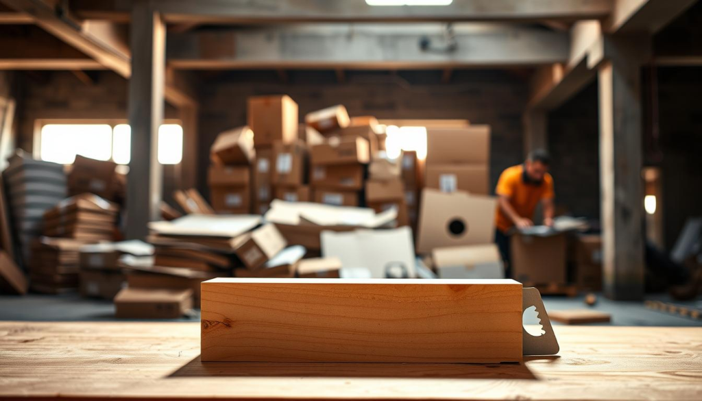 A well-lit and detailed image showcasing the versatile applications of DEWALT utility blades. In the foreground, a precision-cut wooden block demonstrates the smooth, clean slicing power of the blades. In the middle ground, a pile of cardboard boxes and thick packaging material highlights the blades' ability to effortlessly slice through tough materials. In the background, a rugged construction site with exposed beams and concrete structures conveys the robust, industrial-grade performance of the DEWALT utility blades. Soft, warm lighting casts an inviting glow, while the clean, crisp shadows emphasize the sharpness and cutting efficiency of the blades. The overall scene evokes a sense of dependable, durable performance in a variety of DIY, construction, and industrial settings.