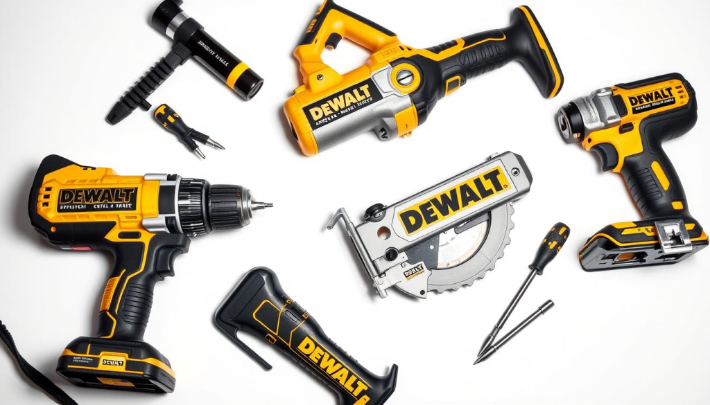 A well-lit and detailed product shot of an assortment of DEWALT tools, including a power drill, circular saw, and screwdriver set, arranged neatly on a clean white background. The tools should have a sleek, high-quality appearance, reflecting their American-made craftsmanship. Emphasize the bold DEWALT branding and ensure the tools appear sturdy, reliable, and ready for professional use. The lighting should be soft and flattering, highlighting the tools' metallic components and textured surfaces. Capture the scene from a slightly elevated angle to showcase the tools' form and function.