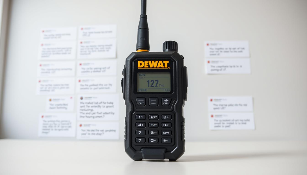 A well-lit and detailed product shot of the DEWALT radio, showcased against a clean, minimalist backdrop. The radio is positioned in the foreground, capturing its rugged and durable design, with a focus on the user interface and control panel. The middle ground features a collection of positive customer reviews, highlighting the radio's reliable performance and practical features. The background subtly suggests a modern, professional work environment, hinting at the radio's versatility in various settings. The overall composition conveys a sense of trust, quality, and customer satisfaction.
