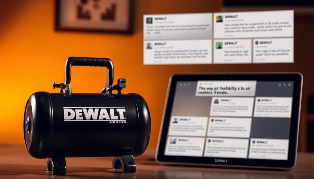 A well-lit and detailed review of DEWALT air compressors, showcasing their robust design and exceptional performance. In the foreground, a DEWALT air compressor stands prominently, its sleek black and yellow body gleaming under the soft lighting. In the middle ground, various customer reviews are displayed on a tablet or laptop screen, highlighting the compressors' reliability and user-friendly features. The background features a warm, inviting atmosphere, with a subtle gradient that draws the viewer's attention to the central subject. The overall composition conveys a sense of professionalism, trust, and a deep understanding of the DEWALT brand and its products.