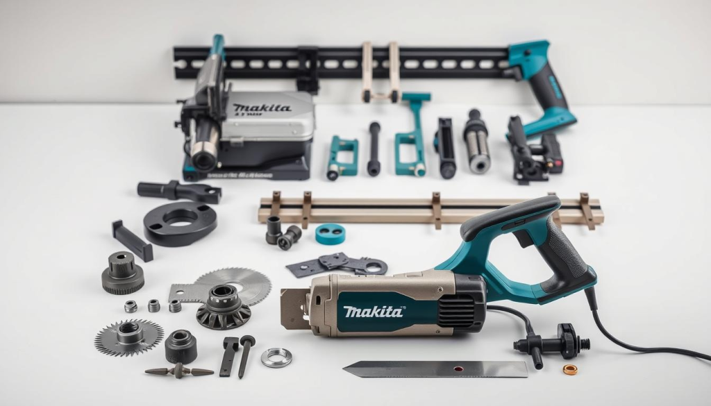 A well-lit and detailed tabletop scene showcasing an assortment of Makita hand saw accessories. In the foreground, a Makita hand saw is prominently displayed, accompanied by various attachments and blades in a range of sizes and tooth configurations. In the middle ground, additional accessories like a miter box, clamps, and a guide rail are neatly arranged, demonstrating their compatibility and versatility with the Makita saw. The background features a clean, minimalist workspace, allowing the Makita tools to take center stage. The lighting is soft and diffused, creating a professional, high-quality product shot that highlights the precision engineering and craftsmanship of the Makita brand.
