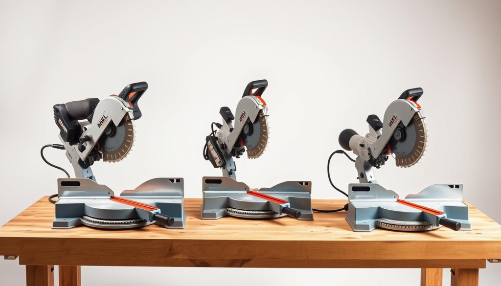 A well-lit and high-quality comparison of the best sliding compound miter saws, showcased in a clean and professional studio environment. The saws are arranged on a sturdy, wooden workbench with a neutral background, allowing the tools to be the focal point. Crisp, detailed shots capture the intricate features and precise mechanisms of each saw, highlighting their unique capabilities. Soft shadows and balanced lighting create a sense of depth and dimensionality, emphasizing the build quality and craftsmanship of the tools. The overall composition conveys a sense of authority and expertise, making this the perfect visual accompaniment to the "Comparison with Other Miter Saws" section.
