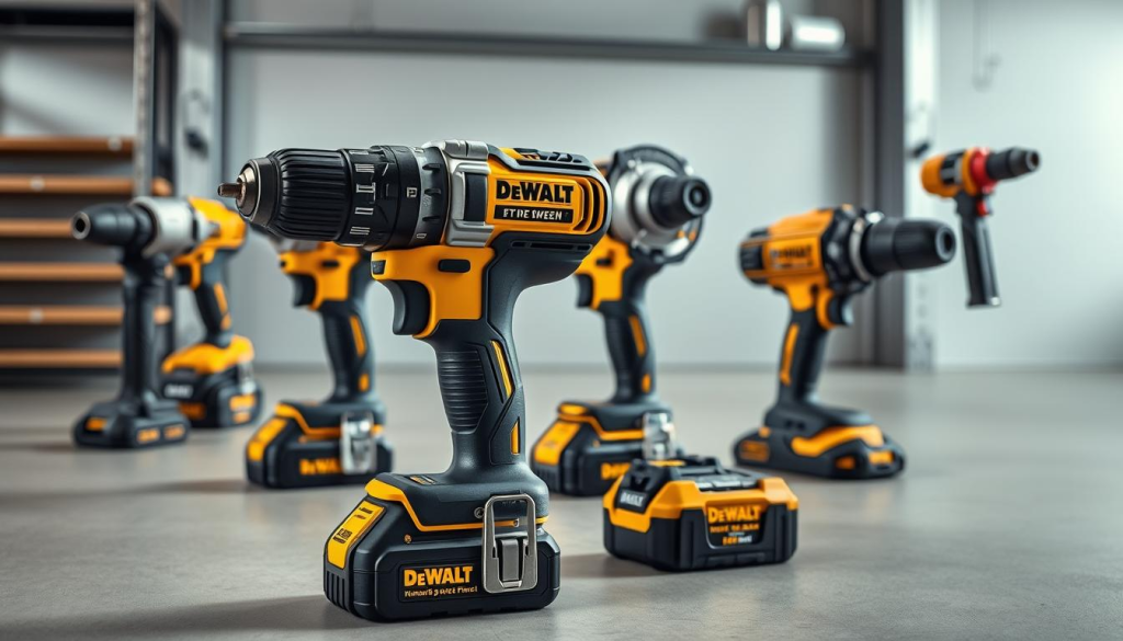 A well-lit and meticulously detailed image of the latest DeWalt power tools showcasing their innovative engineering features. The foreground focuses on a sleek, modern DeWalt drill with advanced ergonomics and a high-torque motor. The middle ground features an array of other DeWalt tools like a cordless impact wrench, a brushless circular saw, and a powerful hammer drill, all exhibiting their cutting-edge technologies. The background depicts a clean, minimalist workspace with metallic accents, hinting at the industrial and professional setting where these tools thrive. The image conveys a sense of sophistication, power, and the relentless pursuit of innovation that defines the DeWalt brand.