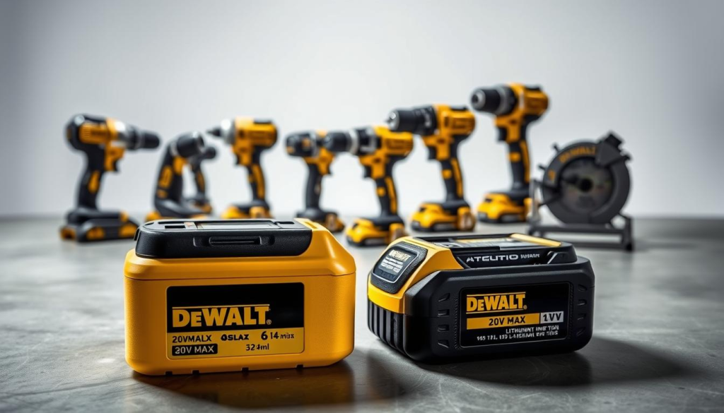 A well-lit and meticulously detailed image showcasing a DEWALT 20V MAX lithium-ion battery being tested for compatibility across multiple DEWALT power tools. The battery is prominently displayed in the foreground, with its model and serial number clearly visible. In the middle ground, an array of DEWALT tools, including a drill, impact driver, and circular saw, are arranged in a systematic manner, suggesting a thorough testing process. The background features a clean, minimalist workspace, with subtle shadows and highlights that accentuate the technical nature of the scene. The overall mood is one of precision, functionality, and the reliable performance of DEWALT's 20V battery system.
