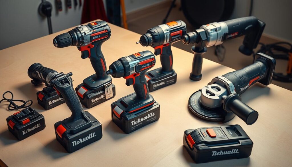 A well-lit and meticulously detailed shot of an assortment of cordless power tools arranged on a clean, neutral-toned workbench. The tools include a sleek impact driver, a rotary hammer drill, and a powerful angle grinder, all with their cordless batteries prominently displayed. The tools are positioned in a dynamic, eye-catching composition, with clean shadows and reflections that convey a sense of precision and power. The lighting is balanced, with a warm, inviting glow that highlights the tools' rugged, high-quality construction. The overall atmosphere is one of professional-grade performance and versatility, perfectly suited to illustrate the "Power and Performance" section of the article.