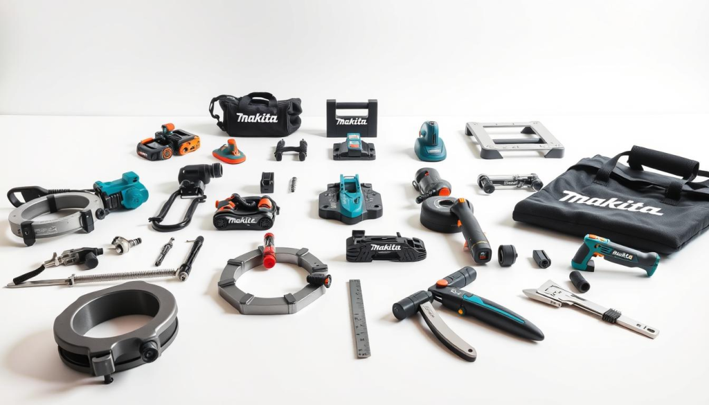 A well-lit and sharply-focused studio photograph of various Makita chop saw accessories laid out on a clean, white tabletop. In the foreground, the key accessories such as clamps, miter gauges, and dust collection bags are displayed prominently. In the middle ground, additional attachments like blade guards and extension tables are arranged neatly. The background is clean and uncluttered, allowing the Makita branding and product details to be the focal point. The lighting is even and natural, creating crisp shadows that highlight the textures and materials of the accessories. The overall composition is balanced and visually appealing, showcasing the essential Makita chop saw tools in an organized, professional manner.