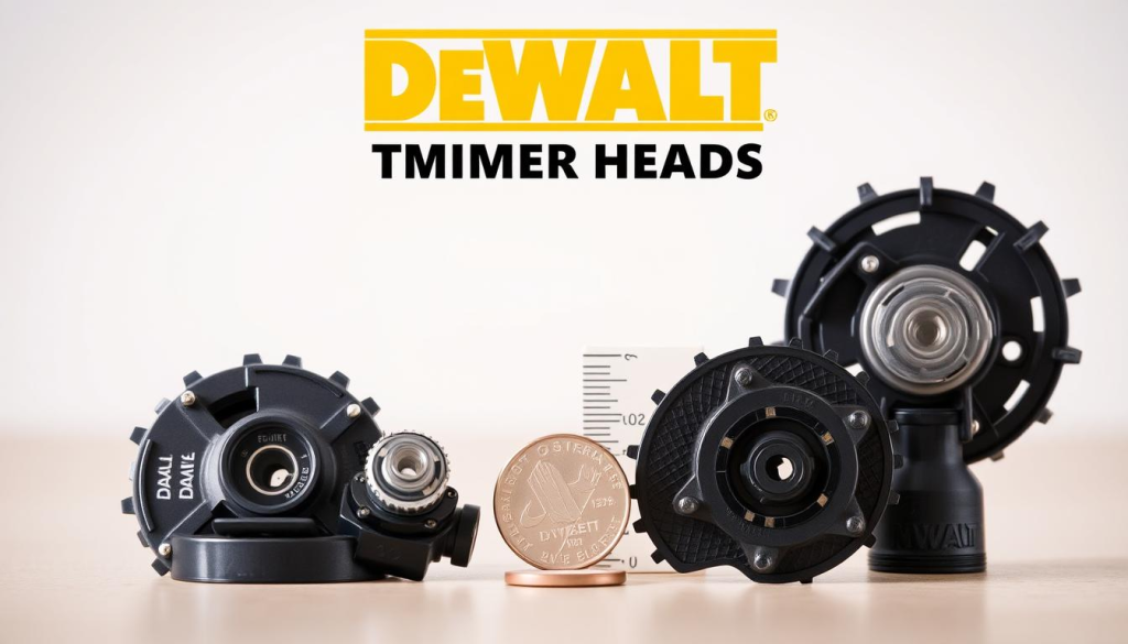 A well-lit, close-up comparison of several DeWalt trimmer heads, showcased on a clean, neutral background. The foreground features the trimmer heads from different angles, highlighting their unique designs, mechanisms, and cutting capabilities. The middle ground provides a sense of scale, with the trimmer heads juxtaposed against a common household item, such as a ruler or a coin. The background is softly blurred, maintaining the focus on the trimmer heads. The overall mood is informative and technical, conveying the attention to detail and engineering prowess of the DeWalt products.