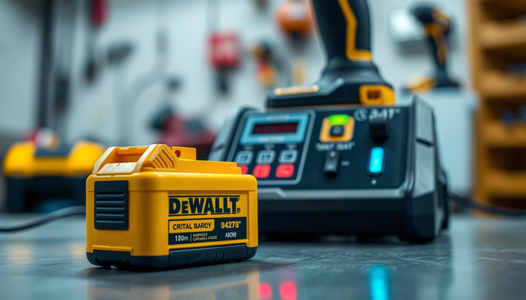 A well-lit, close-up image of a DEWALT battery being charged safely on a professional-grade charging station. The battery is positioned prominently in the foreground, with a soft, diffused lighting illuminating its sleek, yellow casing. The charging station is in the middle ground, displaying its various indicator lights and controls. The background is blurred, suggesting a clean, organized workshop setting. The overall mood is one of diligence and attention to safety, with a sense of technical precision and care.