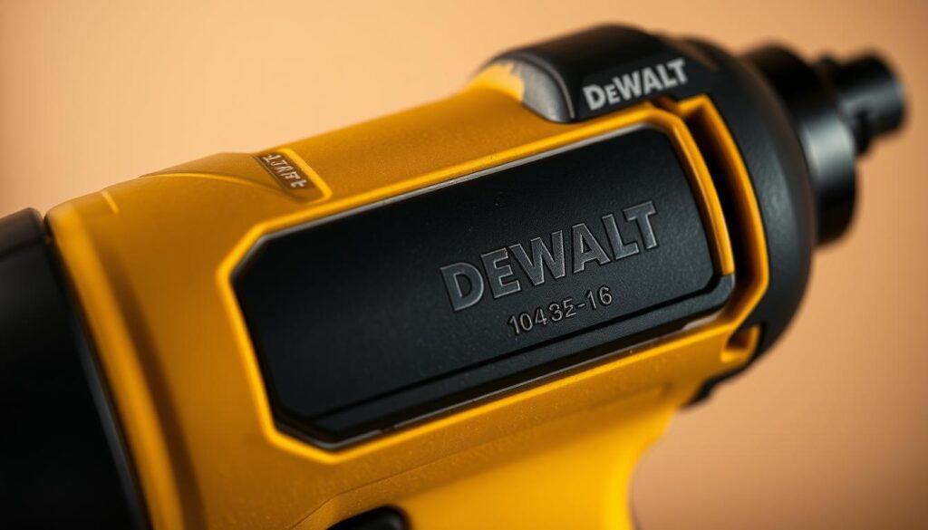 A well-lit, close-up image of a DEWALT power tool with a clearly visible date code stamped on its surface. The date code is the focal point, positioned in the center of the frame and captured with crisp detail. The tool is placed against a neutral, uncluttered background to emphasize the date code. Soft, diffused lighting illuminates the tool, creating subtle highlights and shadows that enhance the three-dimensional form. The camera angle is slightly elevated, providing an angled view that allows the date code to be easily read. The overall composition is simple and clean, directing the viewer's attention directly to the crucial information needed to decode the manufacturing date.