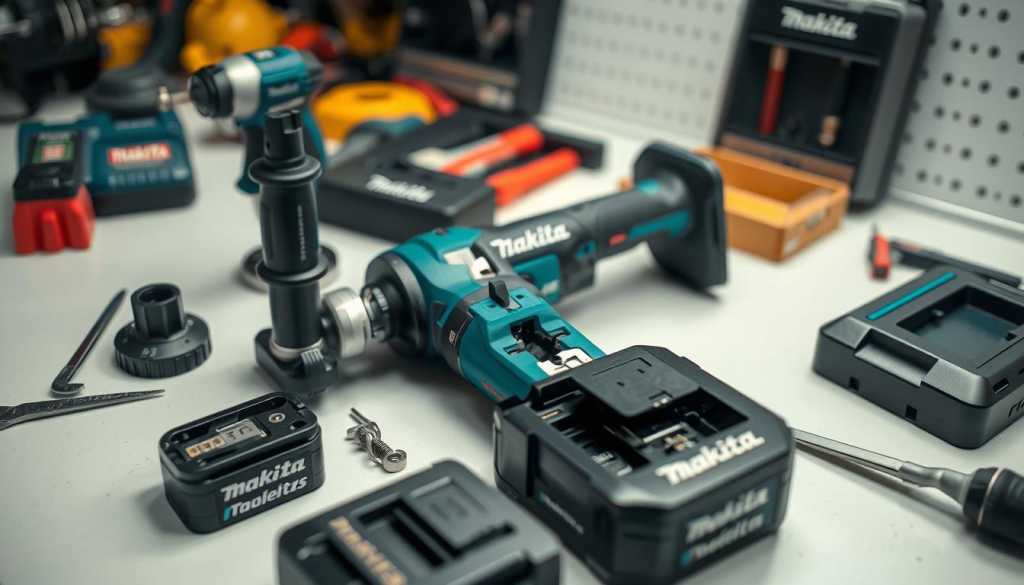 A well-lit close-up of a Makita cordless power tool undergoing professional maintenance. The tool is disassembled on a clean, organized workbench, with various Makita-branded tools and accessories surrounding it. The image should convey a sense of precision and attention to detail, with the tool components meticulously arranged and the background blurred for focus. Soft, directional lighting highlights the tool's features, emphasizing its high-quality construction and attention to engineering. The overall atmosphere should be one of a dedicated workshop, where a knowledgeable user carefully maintains their Makita tools for optimal performance and longevity.