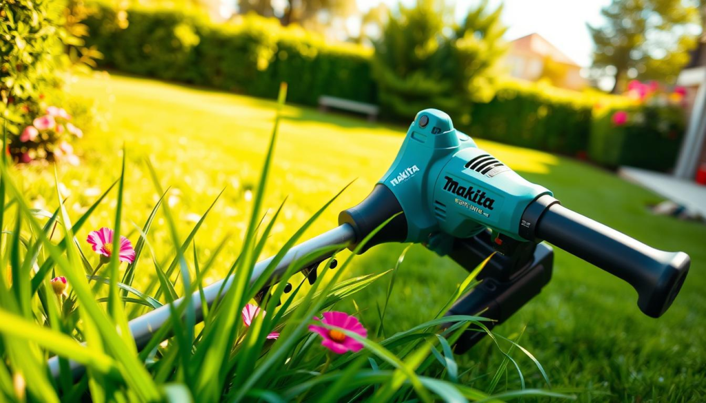 A well-lit close-up of a Makita string trimmer in a lush, verdant backyard. The trimmer is held at a slight angle, showcasing its sleek, ergonomic design and powerful motor. Blades of grass and vibrant flowers fill the foreground, while the background features a picturesque view of a neatly manicured lawn. Warm, natural lighting casts gentle shadows, emphasizing the trimmer's sturdy construction and efficient cutting mechanism. The scene conveys a sense of effortless lawn maintenance, highlighting the trimmer's ease of use and superior performance.