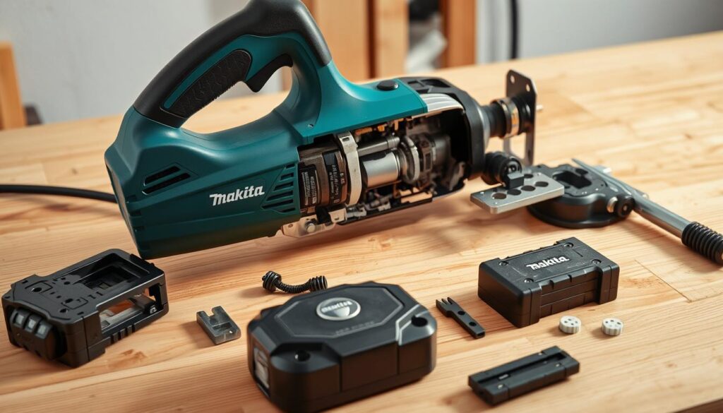 A well-lit close-up of a cordless Makita jigsaw, showcasing its intricate inner workings on a clean, wooden workbench. The saw is disassembled, with various components neatly arranged, inviting the viewer to explore the tool's maintenance. Soft shadows and a neutral color palette create a calm, instructional atmosphere, emphasizing the precision and care required to maintain this powerful cordless power tool. The image should convey a sense of professional expertise, guiding the viewer through the proper steps to keep their Makita jigsaw in top working condition.