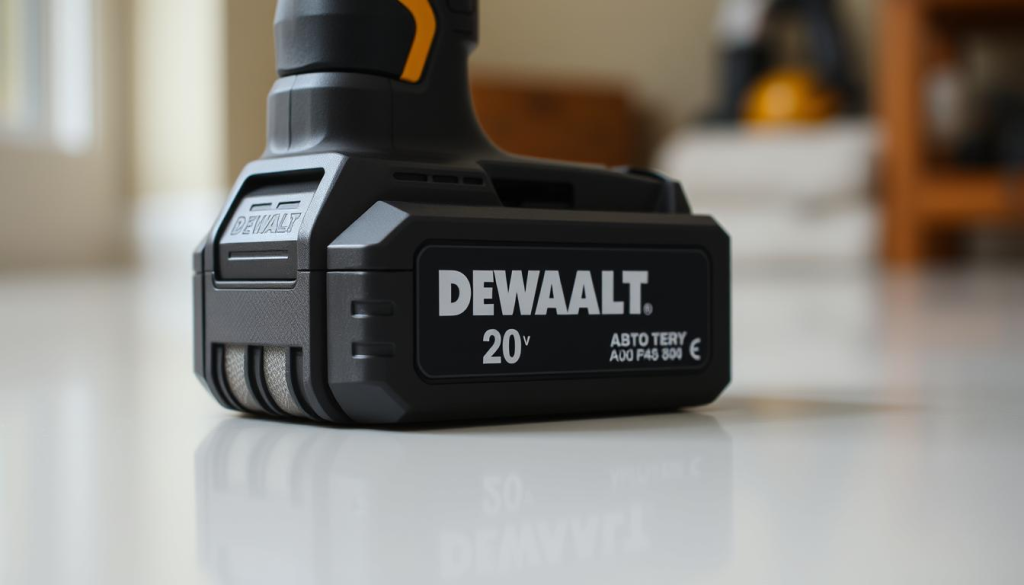A well-lit close-up photograph of a DEWALT 20V battery pack, shot from a low angle with a shallow depth of field. The battery is placed on a clean, reflective surface, capturing its sleek black housing and the iconic DEWALT logo in sharp focus. The background is blurred, creating a sense of depth and emphasis on the battery's design. The lighting is soft and natural, highlighting the battery's texture and contours. The image conveys a sense of quality, durability, and reliability, aligning with the "Customer Reviews and Satisfaction" section of the article.