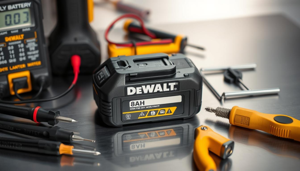 A well-lit, close-up photograph of a DeWalt 8Ah battery resting on a clean, metallic surface. The battery is the central focus, surrounded by various maintenance tools such as a multimeter, wire brushes, and a small screwdriver set. The lighting is soft and diffused, creating gentle shadows that accentuate the battery's texture and details. The background is slightly blurred, creating a sense of depth and emphasizing the battery as the main subject. The overall scene conveys a professional, technical atmosphere, with a focus on the proper care and maintenance of this high-capacity power tool battery.