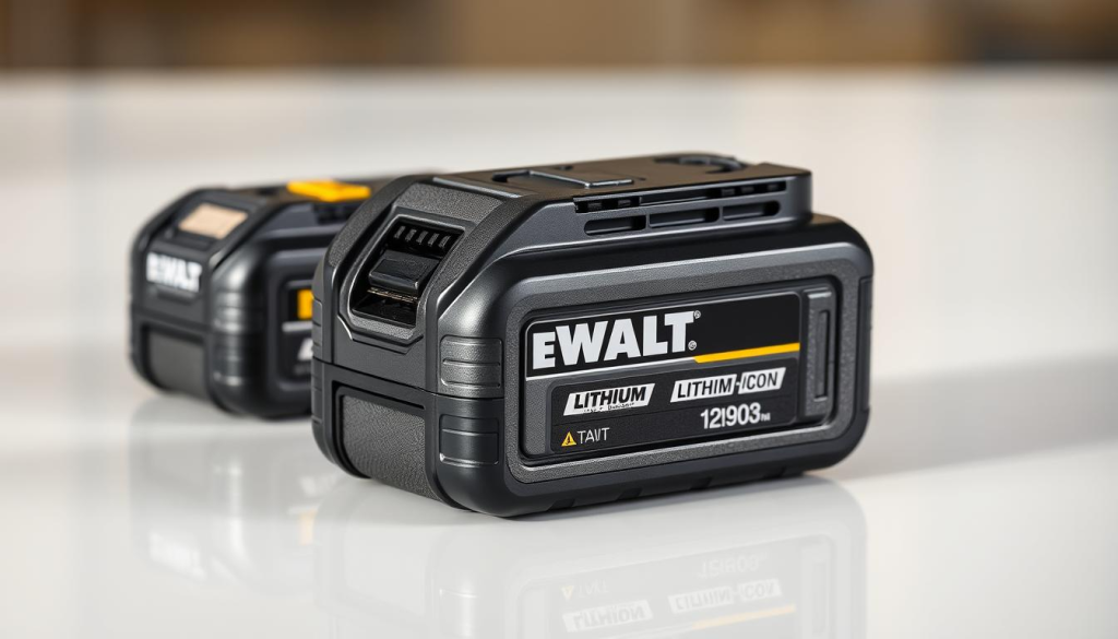 A well-lit, close-up photograph of a DeWalt lithium-ion battery pack on a clean, reflective surface. The battery pack is shown from various angles, highlighting its sleek, modern design and sturdy construction. Soft, directional lighting accentuates the textured surface and metallic accents, creating a sense of quality and precision. The background is blurred, placing the focus entirely on the battery pack and its details. The overall mood is one of professionalism and attention to technical specifications, conveying the care and maintenance required for DeWalt lithium batteries.