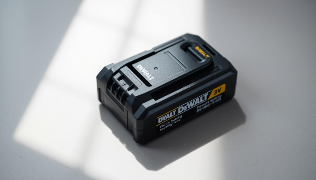 A well-lit, close-up photograph of a DeWalt power tool battery pack, resting on a flat surface. The battery pack is centered in the frame, casting subtle shadows that add depth and dimension. The surface has a matte, neutral-colored texture, allowing the battery to be the focal point. The lighting is soft and diffused, creating an even, natural illumination that highlights the battery's sleek, black casing and prominent branding. The composition is balanced, with enough empty space around the battery to convey a sense of order and clarity. The overall mood is informative and technical, suitable for an article discussing TSA guidelines for battery transport.