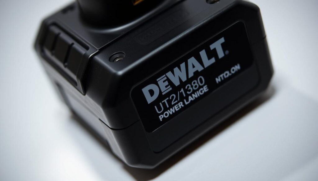 A well-lit, close-up photograph of a DeWalt power tool battery, showcasing the date code stamped on its surface. The battery is centered in the frame, with a shallow depth of field that blurs the background, drawing the viewer's attention to the date code details. The lighting is soft and evenly distributed, casting subtle shadows that accentuate the texture and contours of the battery casing. The image is captured at a slight angle, providing a clear and legible view of the date code information, which is the focal point of the composition.