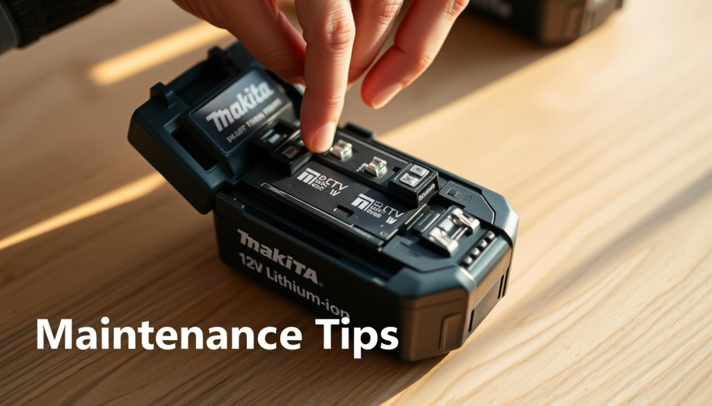 A well-lit, close-up photograph of a Makita 12V lithium-ion battery pack on a clean, wooden surface. The battery is open, revealing its internal components, with a technician's hands gently inspecting the cells and terminals. The lighting is warm and natural, casting subtle shadows that highlight the battery's intricate structure. The image conveys a sense of careful maintenance and attention to detail, perfectly suited for an article section on "Maintenance Tips for Longevity".