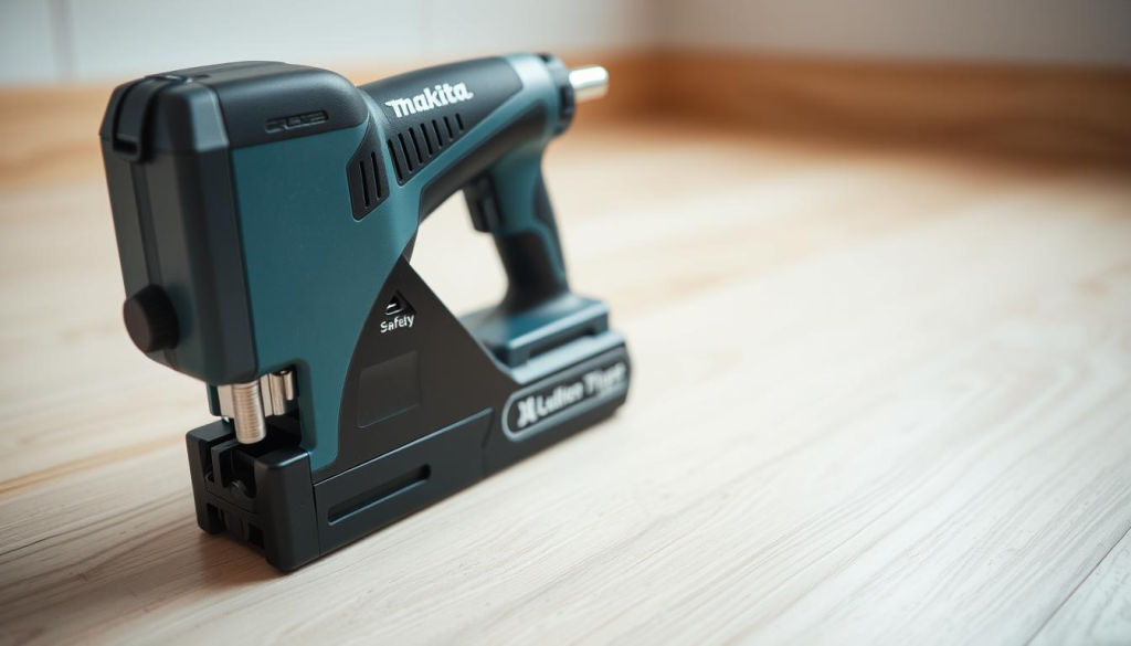 A well-lit, close-up photograph of a Makita cordless staple gun on a clean, wood-grained surface. The staple gun is positioned at a slight angle, revealing its safety features in clear detail - the trigger guard, the safety switch, and the depth-adjustment knob. The image has a shallow depth of field, focusing the viewer's attention on the staple gun's precision engineering and intuitive design. The lighting is soft and diffused, creating a sense of professionalism and reliability. The overall mood is one of thoughtful consideration of safety best practices when using a staple gun for DIY projects.