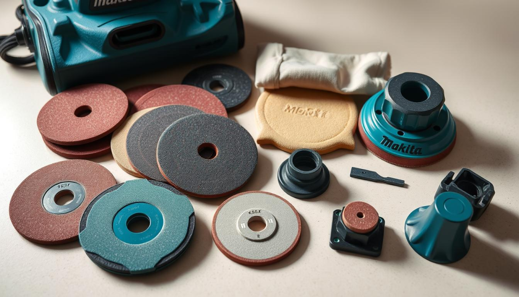 A well-lit, close-up photograph of a collection of Makita 9403 orbital sander accessories, including a detail-rich set of sanding discs in various grits, a dust collection bag, a sanding pad, and attachments for edge sanding and detail work. The accessories are arranged neatly on a clean, neutral-colored surface, showcasing their quality construction and attention to detail. Soft shadows and balanced lighting create a professional, product-focused aesthetic, highlighting the versatility and user-friendly design of the Makita 9403 sanding machine accessories.