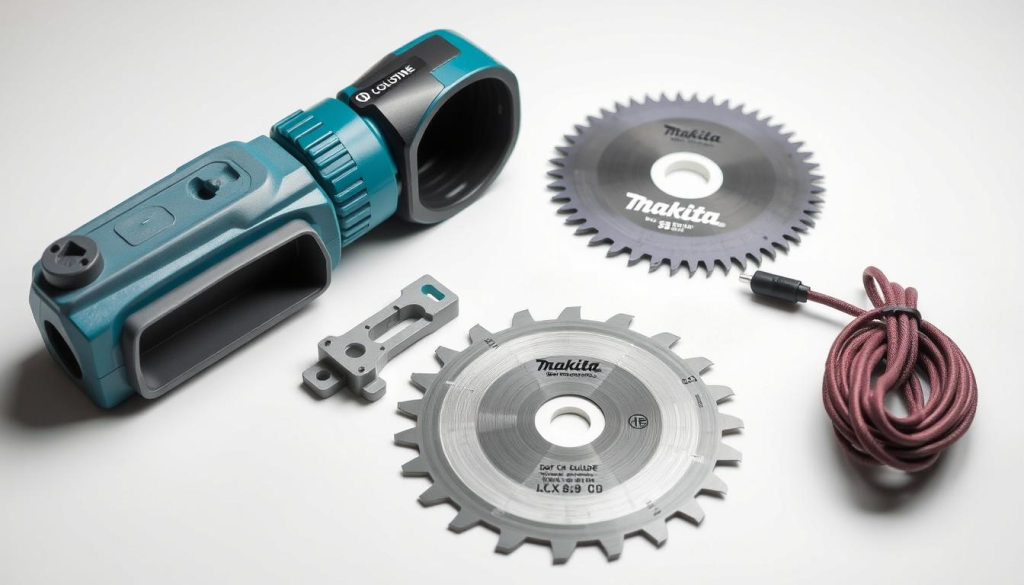 A well-lit, close-up photograph of a collection of Makita drywall cutting machine accessories, including a dust collection attachment, a plunge cut guide, a depth-adjustable saw blade, and a cord wrap system, arranged on a clean white background, showcasing their precision engineering and high-quality construction. The accessories are displayed in a visually appealing, organized manner, highlighting their functionality and compatibility with the Makita drywall saw. The lighting creates a sense of depth and emphasizes the textures and materials of the accessories, while the clean background allows them to stand out prominently.