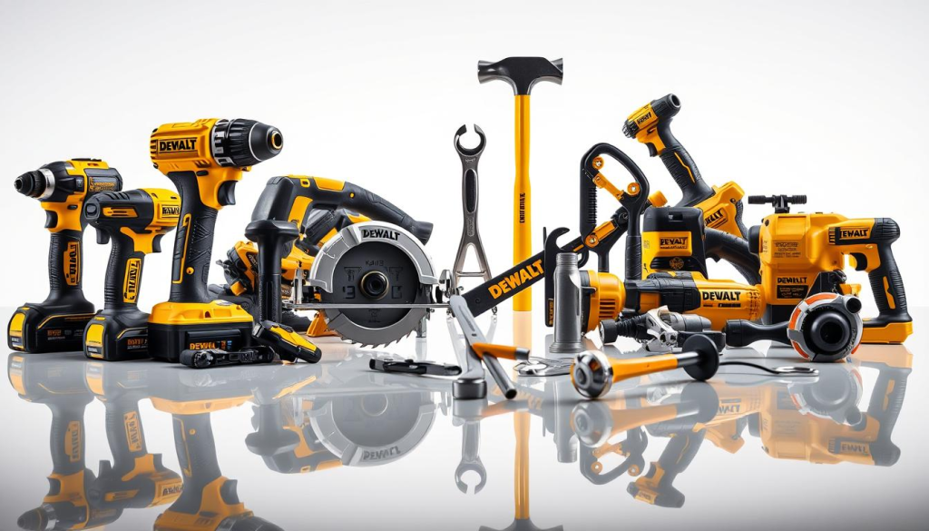 A well-lit, close-up photograph of a diverse selection of DEWALT power tools and hand tools, arranged artfully on a clean, reflective surface. The tools gleam with a metallic luster, conveying a sense of durability and high-quality craftsmanship. The foreground features a range of DEWALT's signature yellow-and-black power tools, including a cordless drill, circular saw, and reciprocating saw, all with their controls and features visible. The middle ground showcases a collection of DEWALT's sturdy hand tools, such as a hammer, pliers, and a wrench, each casting a subtle shadow on the surface. The background subtly fades into a clean, white backdrop, allowing the tools to be the focal point and emphasizing their premium quality and design.