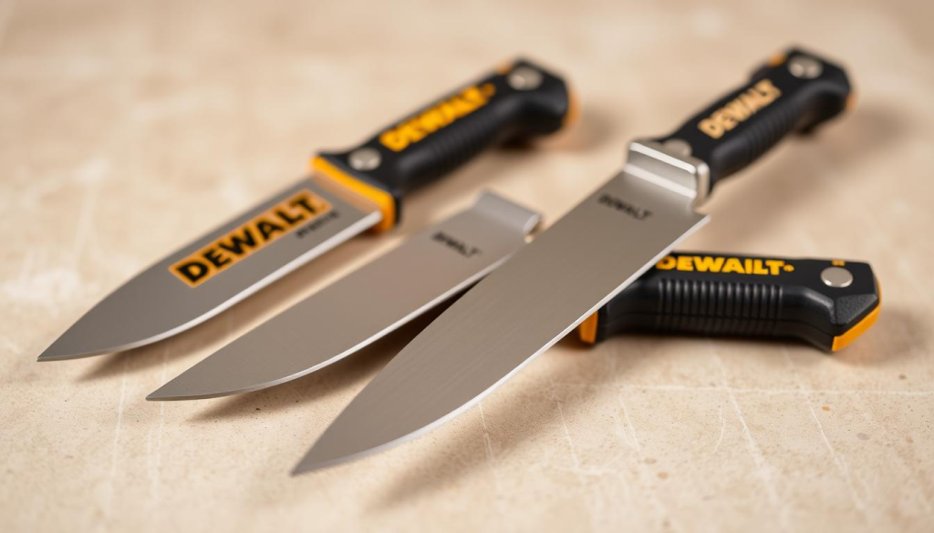 A well-lit, close-up photograph of a professional-grade DEWALT knife set, showcasing the high-quality craftsmanship and durability of the tools. The knives are displayed on a neutral-colored background, with a slight depth of field to emphasize the sharp edges and ergonomic handles. The lighting casts subtle shadows, highlighting the metallic accents and the overall premium aesthetic of the set. The image conveys a sense of reliability, precision, and functionality, reflecting the positive customer reviews and feedback about the DEWALT knife set's performance and versatility in everyday cutting tasks.