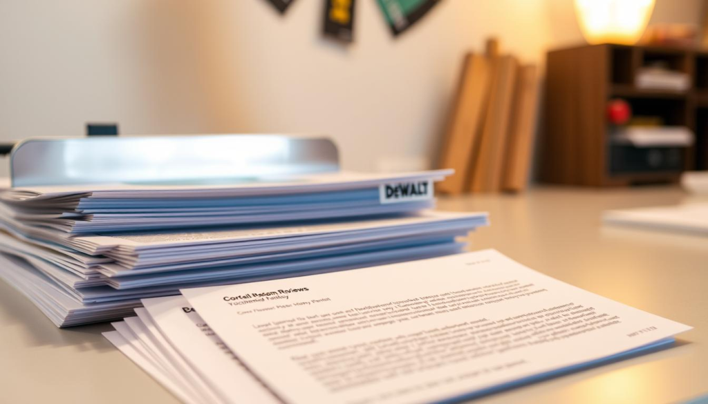 A well-lit close-up photograph of a stack of customer reviews for the DeWalt 779 miter saw, with the reviews displayed prominently in the foreground. The reviews should be crisp, clear, and legible, allowing the viewer to easily read the text. The background should be a neutral, uncluttered setting, such as a plain desk or tabletop, to ensure the focus remains on the reviews. The lighting should be soft and natural, creating a warm, inviting atmosphere that conveys the user experience and feedback surrounding the DeWalt 779 miter saw.