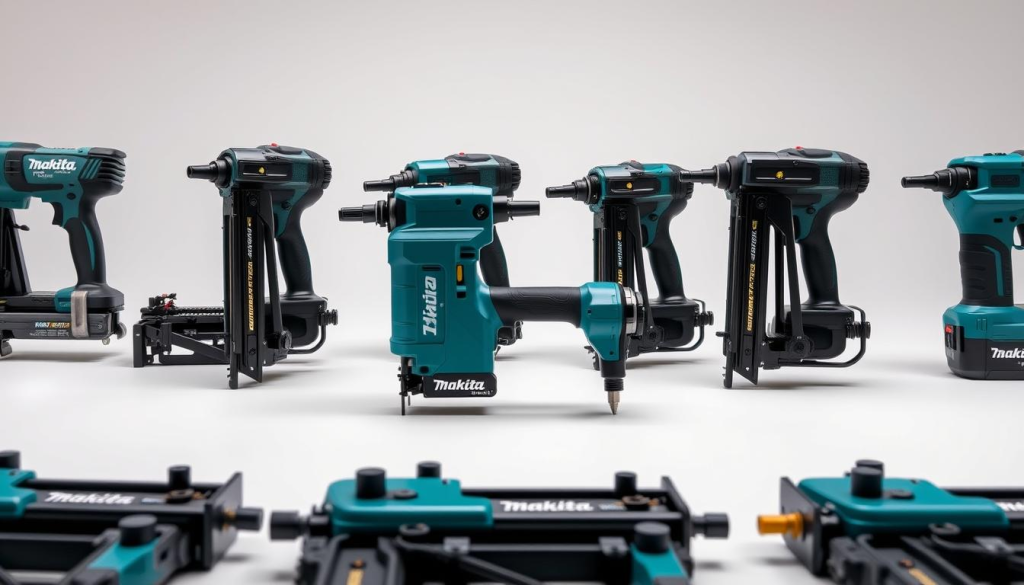 A well-lit close-up photograph of an assortment of Makita drywall screw gun models, showcasing their distinct features and designs. The foreground displays the various screw gun models in a clean, organized layout, highlighting their unique ergonomic grips, adjustable depth settings, and powerful motors. The middle ground provides a clear view of the screw guns' mechanisms and attachments, while the background fades into a minimalist, neutral studio setting, allowing the tools to be the central focus. The image conveys a sense of precision, utility, and the high-quality craftsmanship that Makita is known for, perfectly encapsulating the essence of these essential drywall construction tools.