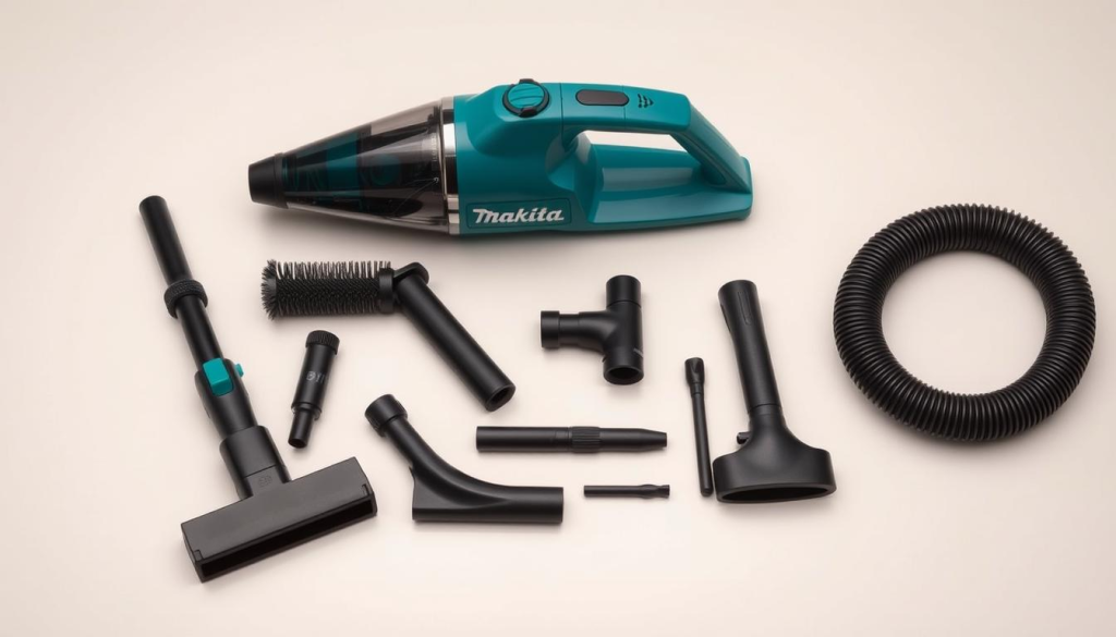 A well-lit, close-up photograph of an assortment of Makita handheld vacuum accessories arranged neatly on a clean, neutral-colored background. The accessories include a crevice tool, a brush attachment, a flexible hose, and several other specialized nozzles and tools. The lighting is soft and even, highlighting the high-quality construction and attention to detail of the Makita accessories. The composition emphasizes the versatility and functionality of the accessories, showcasing how they can enhance the capabilities of the Makita handheld vacuum.