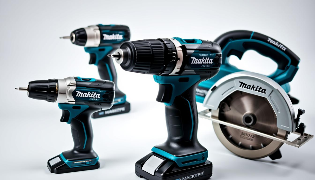 A well-lit, close-up photograph of an assortment of Makita power tools, including a cordless drill, impact driver, and circular saw, artfully arranged against a clean, white background. The tools have a sleek, modern design with the iconic Makita branding prominently displayed. The image captures the versatility and power of the Makita Combo Kit, showcasing the high-quality construction and attention to detail that has made the brand a trusted choice among professional tradespeople and DIY enthusiasts alike. The lighting is soft and diffused, highlighting the textures and colors of the tools, creating a visually appealing and informative display.