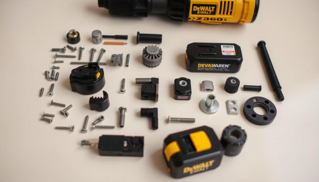 A well-lit, close-up photograph of the Dewalt Z260 cordless power tool, its various components, and replacement parts laid out on a clean, neutral-toned surface. The parts are arranged in an organized, visually appealing manner, showcasing the different screws, motors, batteries, and other essential pieces that make up the tool. The image has a clear, sharp focus, capturing the intricate details and textures of each part. The lighting is soft and diffused, creating a sense of depth and highlighting the individual components. The overall mood is informative and technical, conveying the necessary information for a reader to understand the common issues and replacement parts for the Dewalt Z260.