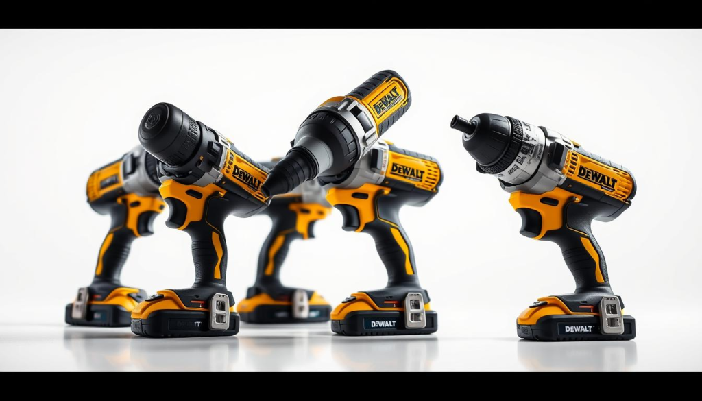 A well-lit, close-up photograph of three DeWalt impact drivers, displayed side-by-side on a clean, white background. The drivers are showcased from various angles, highlighting their unique features and designs. The image should convey a sense of quality, precision, and technical prowess associated with the DeWalt brand. Subtle reflections and shadows add depth and dimension to the scene, allowing the viewer to appreciate the intricate details of each tool. The overall atmosphere should be professional, inviting, and focused on the key features that differentiate these impact drivers.