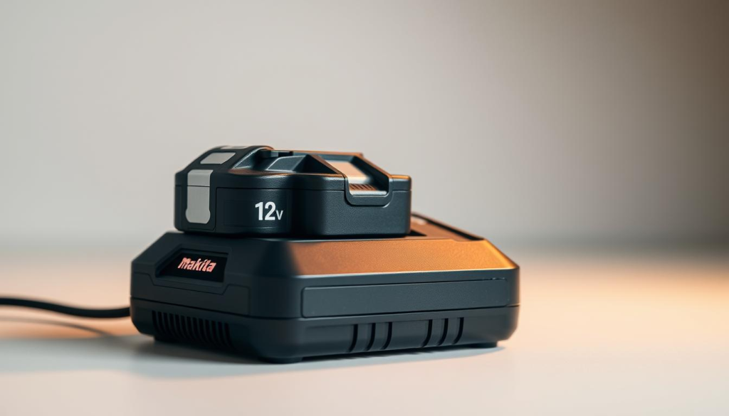 A well-lit, close-up scene of a Makita 12V battery being charged on a sleek, modern charger. The battery is positioned prominently in the foreground, its metallic surface gleaming under soft, warm lighting. The charger's LED indicators blink gently, signaling the charging process. The background is clean and uncluttered, with a subtle gradient or plain backdrop to draw the viewer's focus to the battery and charger. The overall mood is one of efficiency, precision, and the power of Makita's cordless technology.