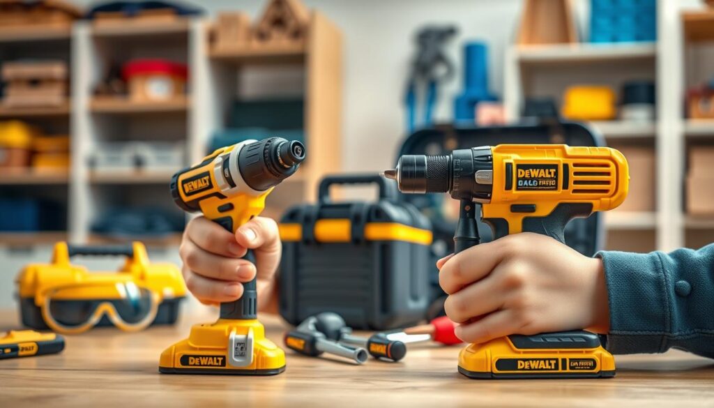 A well-lit, close-up scene of a child's hands safely using DEWALT-branded toy power tools. The foreground shows the child's hands gripping the miniature drill, screwdriver, and hammer with care, highlighting the ergonomic, kid-friendly design. The middle ground features a neatly organized toolkit with additional DEWALT-labeled items like a toolbox, safety goggles, and gloves, conveying a sense of responsibility and preparation. The background depicts a clean, organized workshop environment with shelves of age-appropriate building materials, promoting a safe, educational atmosphere for young makers. Soft, warm lighting and a shallow depth of field create an inviting, aspirational mood.