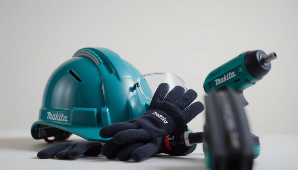 A well-lit close-up shot of Makita's latest nail gun safety gear, including a durable hard hat with impact-resistant shell, adjustable high-visibility safety goggles, and heavy-duty gloves with textured palms for a secure grip. The gear is arranged on a clean, neutral background, with a hint of the nail gun itself visible in the foreground, conveying a sense of professionalism and attention to safety. The lighting is soft and diffused, creating a cohesive, studio-like atmosphere that emphasizes the quality and importance of the safety equipment.