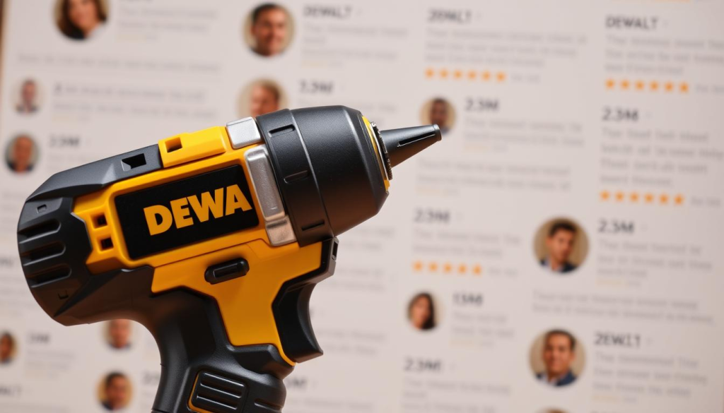 A well-lit close-up shot of a DEWALT 20V cordless power tool, its sleek black and yellow design prominently displayed. The tool's battery pack is shown, showcasing its advanced lithium-ion technology. In the background, a collage of customer reviews and ratings in a warm, neutral tone, conveying a sense of trust and satisfaction. The image exudes a professional, high-quality aesthetic that aligns with the DEWALT brand's reputation for reliable and durable power tools.