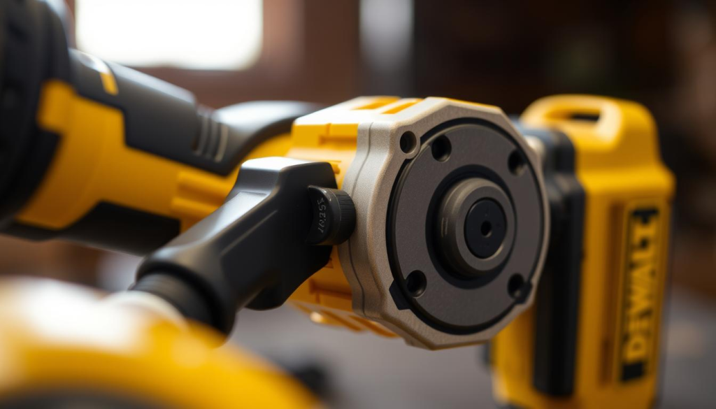 A well-lit, close-up shot of a DEWALT 870 power tool, showcasing its safety features. The foreground displays the tool's ergonomic handle with a clear on/off switch and trigger guard. The middle ground reveals the sturdy, metal-reinforced housing and the prominent safety lock button. The background subtly highlights the tool's balanced, compact design, suggesting its stability and control during operation. The image conveys a sense of precision, durability, and attention to user safety, reflecting the core values of the DEWALT brand.