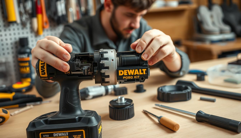 A well-lit, close-up shot of a DEWALT cordless drill being disassembled and maintained. The drill is placed on a clean, organized workbench with various tools and accessories, such as screwdrivers, brushes, and lubricants, arranged neatly around it. The foreground focuses on the drill's internal components, with the user's hands carefully removing and inspecting each part. The middle ground shows the user's face in profile, concentrating intently on the task at hand. The background is slightly blurred, creating a sense of depth and focus on the maintenance process. The lighting is soft and warm, highlighting the precision and care required to properly maintain the DEWALT drill.