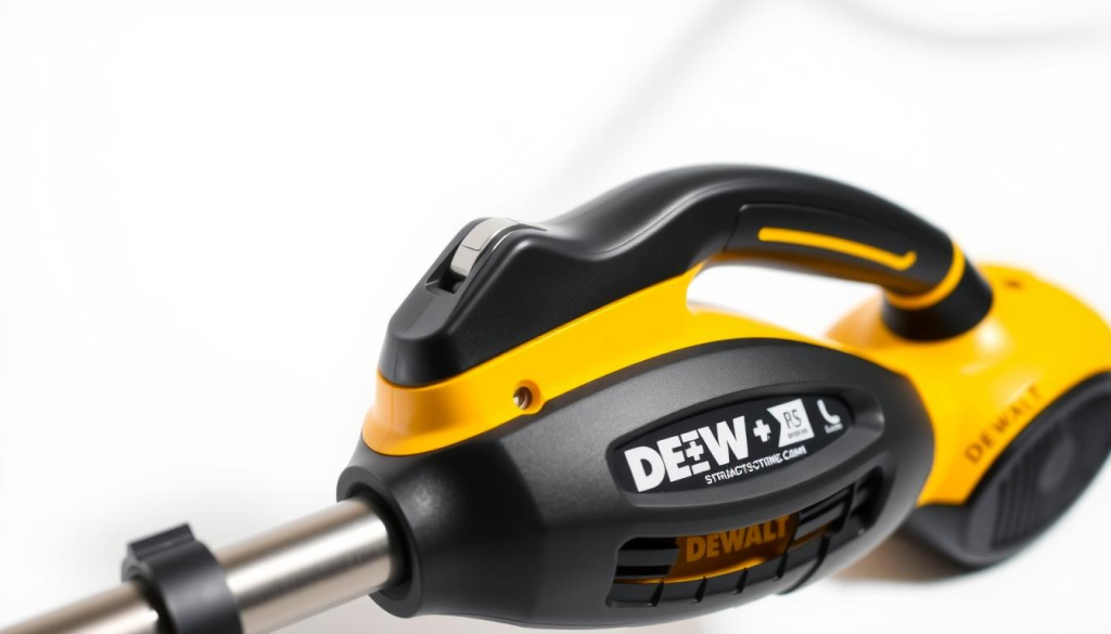 A well-lit, close-up shot of a DEWALT string trimmer, its sleek black and yellow design prominently displayed. The trimmer is set against a plain white background, allowing the product details to take center stage. The camera angle highlights the ergonomic handle and controls, showcasing the trimmer's user-friendly features. The lighting casts subtle shadows, adding depth and dimension to the image. The overall impression is one of quality, reliability, and attention to detail - a visual representation of the positive customer reviews the product has received.