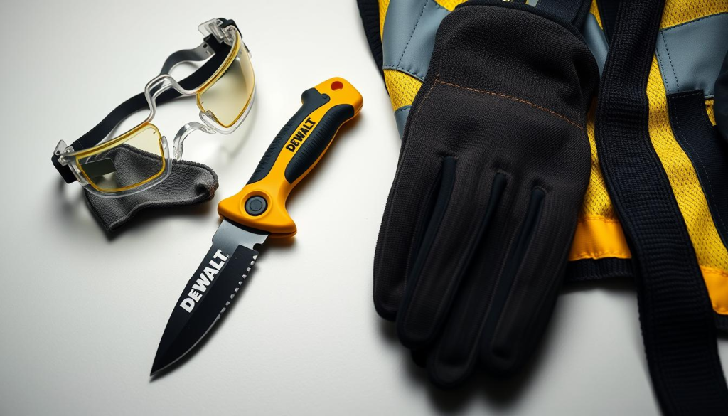 A well-lit, close-up shot of a DEWALT utility knife and its safety gear, including a sturdy pair of protective work gloves, safety goggles with a reflective coating, and a high-visibility safety vest. The knife and gear are arranged on a clean, neutral surface, allowing the details to stand out. The lighting is soft and even, highlighting the textures and colors of the materials. The composition emphasizes the importance of proper safety precautions when handling sharp tools, conveying a sense of responsibility and professionalism.